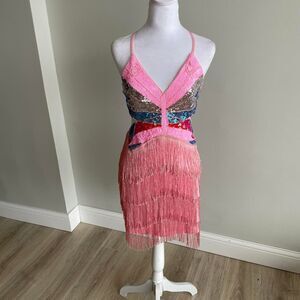Women's Medium Pink Butterfly Sequin & Fringe Dress Open Back Festival Lover Era